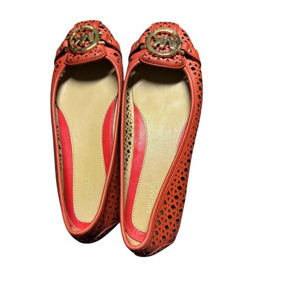 Michael Kors Orange Laser Cut Leather Ballet Flats With Gold MK Logo Womens Size - Picture 5 of 7